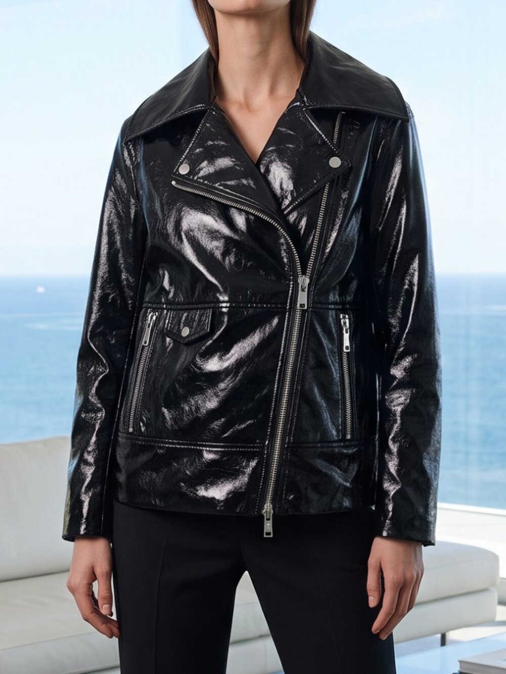 NWT $298 PISTOLA Winoma patent leather vinyl moto jacket oversized XS